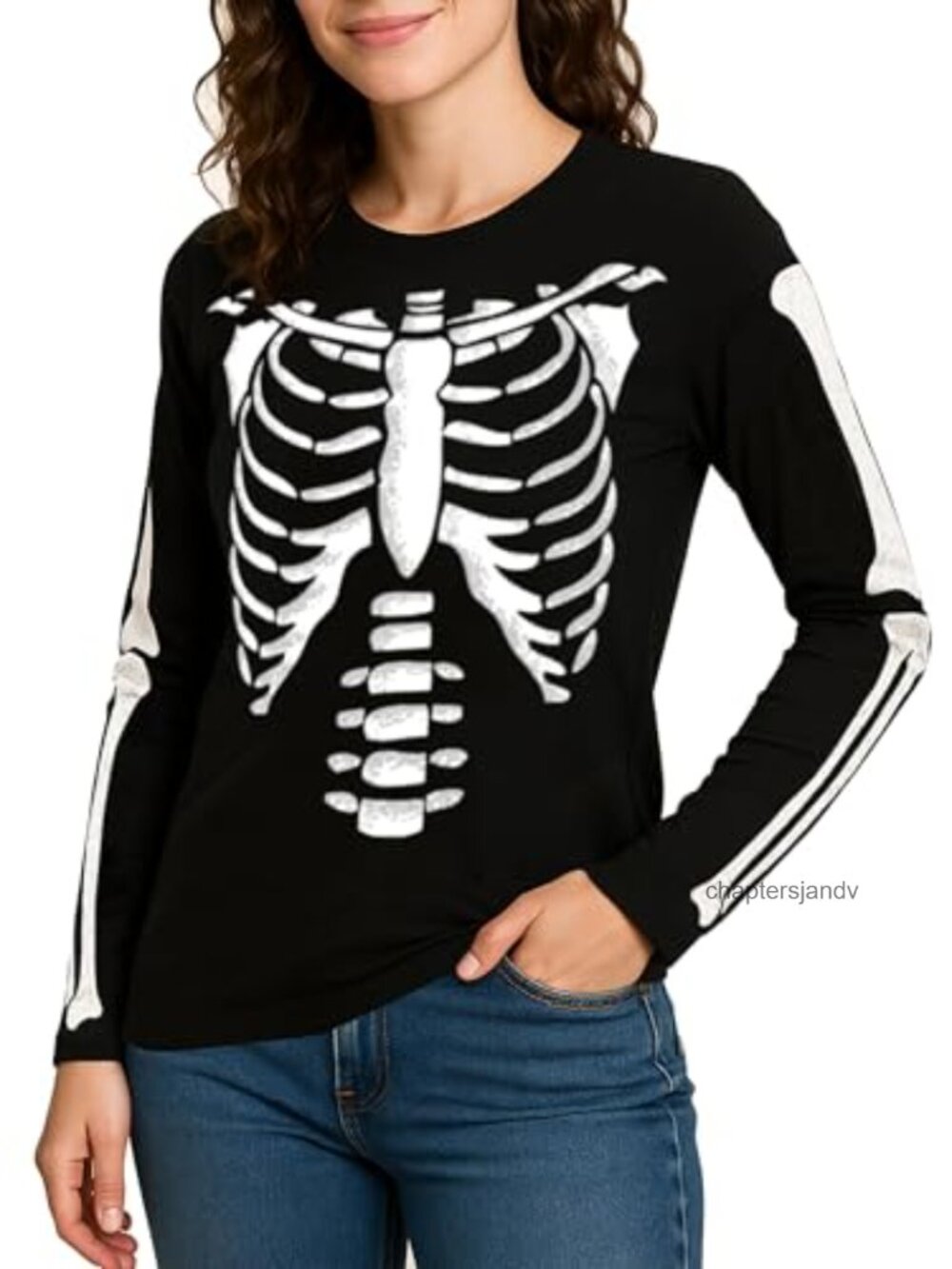 Women's Skeleton Graphic Long Sleeve T-Shirt Halloween Costume Tee